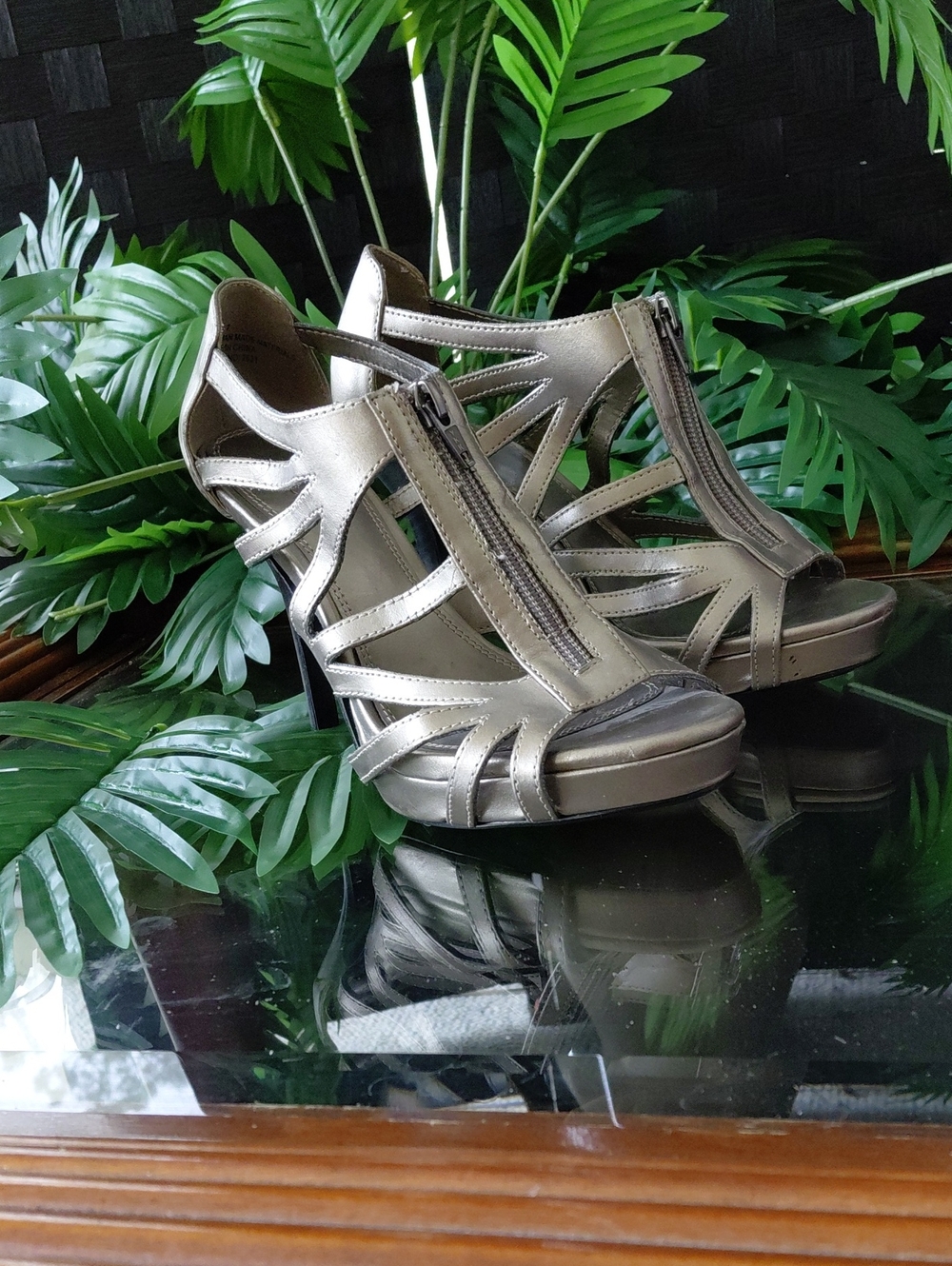 Cato Metallic Pewter Strappy Peep-Toe Heels with Front Zipper